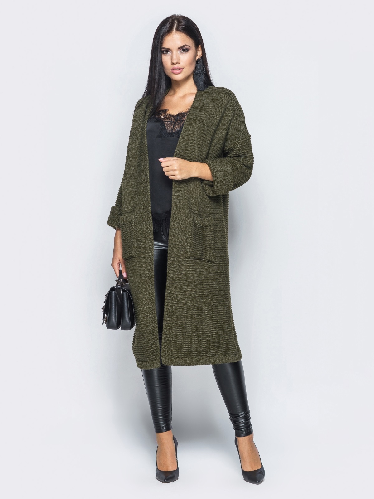 Oversize кардиган с накладными карманами тёмно-зелёный - 15828, фото 1 Oversize кардиган с накладными карманами тёмно-зелёный - 15828, фото 1 – интернет-магазин Dressa