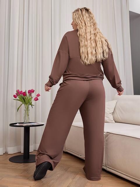 Коричневий брючний костюм батал з кофтою на блискавці 66807, фото 4
