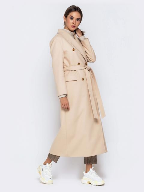 Длинное пальто в стиле oversize с поясом бежевое 40998, фото 5