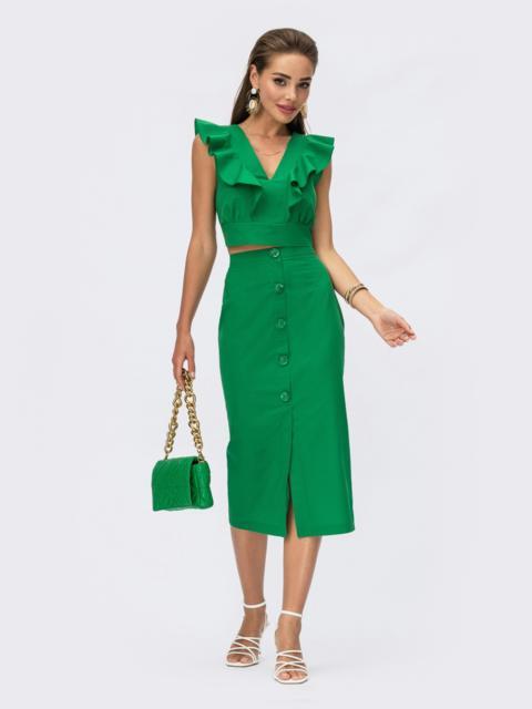 Зеленый костюм из топа с оборками и юбки-карандаш 54238, фото 3