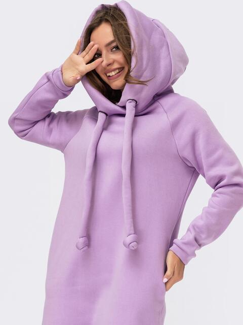 Сиреневое платье на флисе в стиле oversize с капюшоном 55485, фото 4