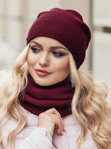 Бордовые шапка и хомут рельефной вязки 15532, фото 1