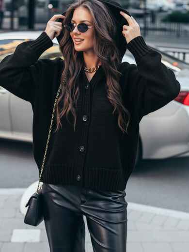 Вязаный кардиган чёрного цвета с капюшоном 76354, фото 1