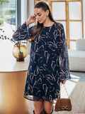 Шифоновое платье с принтом листья и подкладкой синее 75854, фото 2