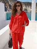 Червоний брючний костюм з вишивкою та капюшоном 77647, фото 5